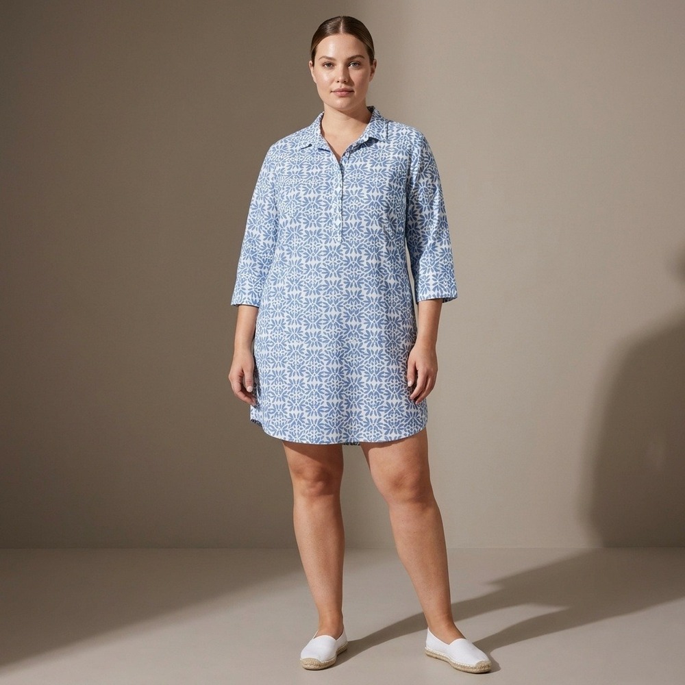 BLU THREADS Women Tunic XL Blue White Cotton Coastal Geometric Leaf Pockets